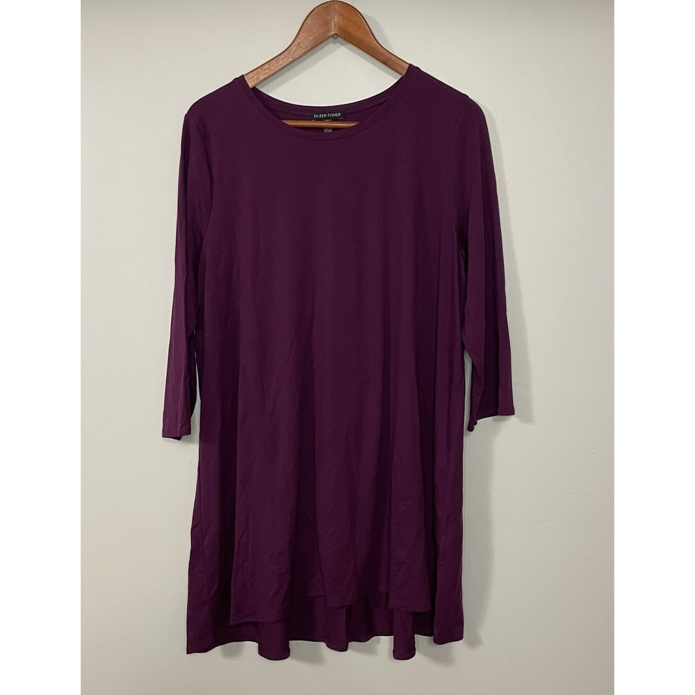 Eileen Fisher Dress Womens L Purple Eggplant‎ Half Sleeve Minimalist Stretch